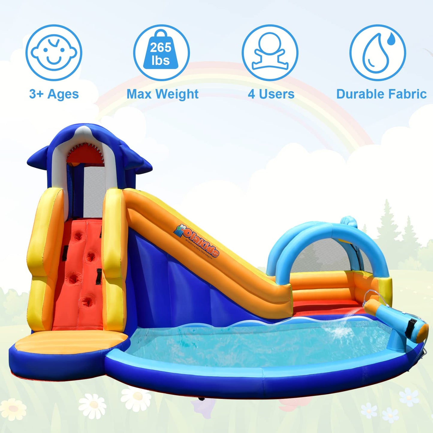 OLAKIDS Inflatable Water Slides, Shark Theme 14FT x 10FT x 8.5FT Bouncy House with Slide, Splash Pool, Climbing Wall, Water Gun, Outdoor Jumping Castle with Hose, Carry Bag, Stakes