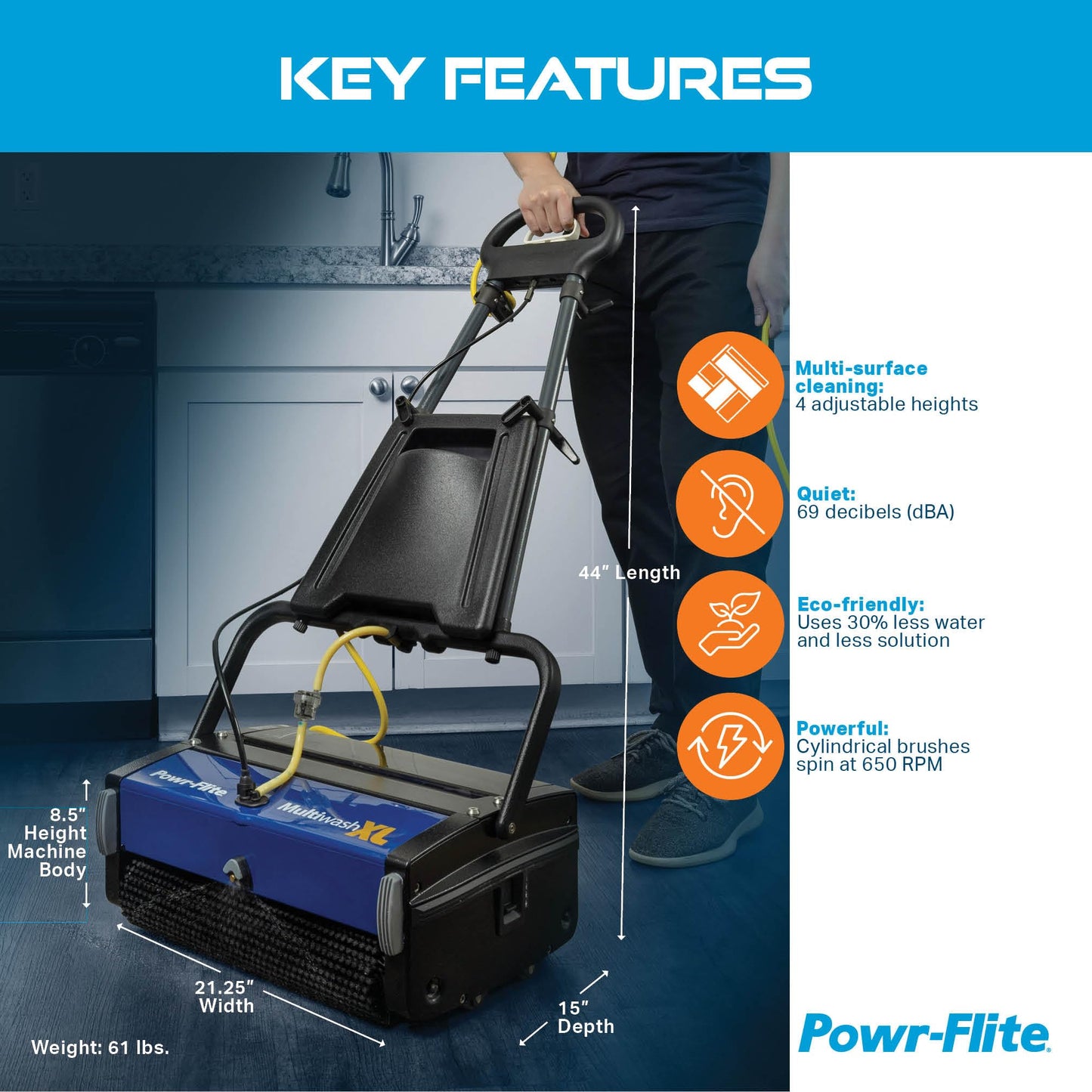 Powr-Flite Multiwash 18 inch Electric Floor Scrubber Machine with Brushes, Commercial Floor Scrubber for Carpet, Tile, VCT, Laminate, Grout, Sports Floor, Concrete and more, PFMW18