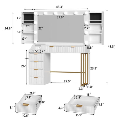 Feonase Vanity Desk, White 43'' Large Makeup Vanity Desk with Mirror and 12 Lights, 3 Color Modes, Glass Top Makeup Table with 6 Drawers and 2 Side Cabinets, Built in Charging Station