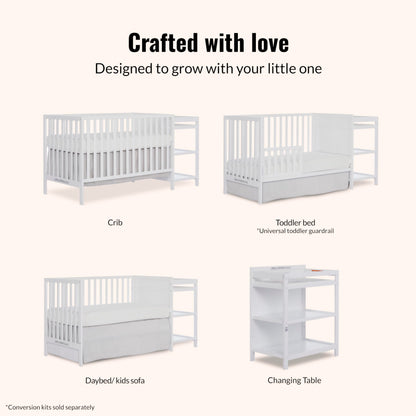Dream On Me Synergy 3-in-1 Convertible Full-Size Baby Crib & Changer, White, Open Storage, GreenGuard Gold & JPMA, Pinewood, Converts to Day & Toddler Bed, 4 Mattress Heights, 1″ Changing Pad,