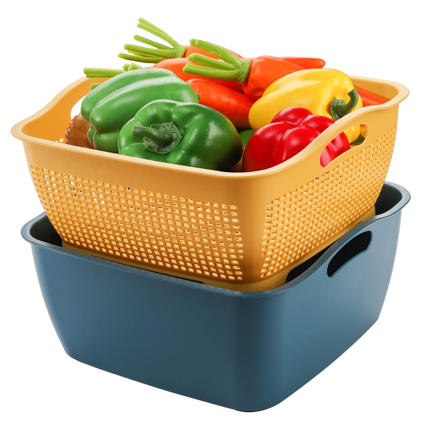 Jucoan 2 Pack 9 & 8 Quart Large Kitchen Strainer Colander Bowl Set, Double-Layer Plastic Fruits Vegetable Washing Basket, Drain Bowls for Cleaning Washing Mixing, Detachable (Blue, Orange)