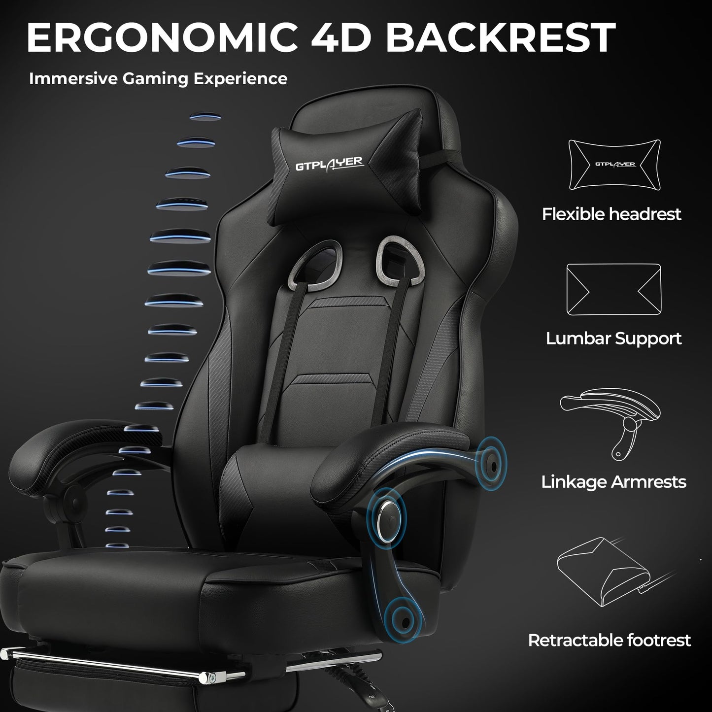 GTPLAYER Gaming Chair with Footrest, Big and Tall Computer Game Chair 350lb Racing Style, Ergonomic High Back Lumbar Support and Recliner, Black