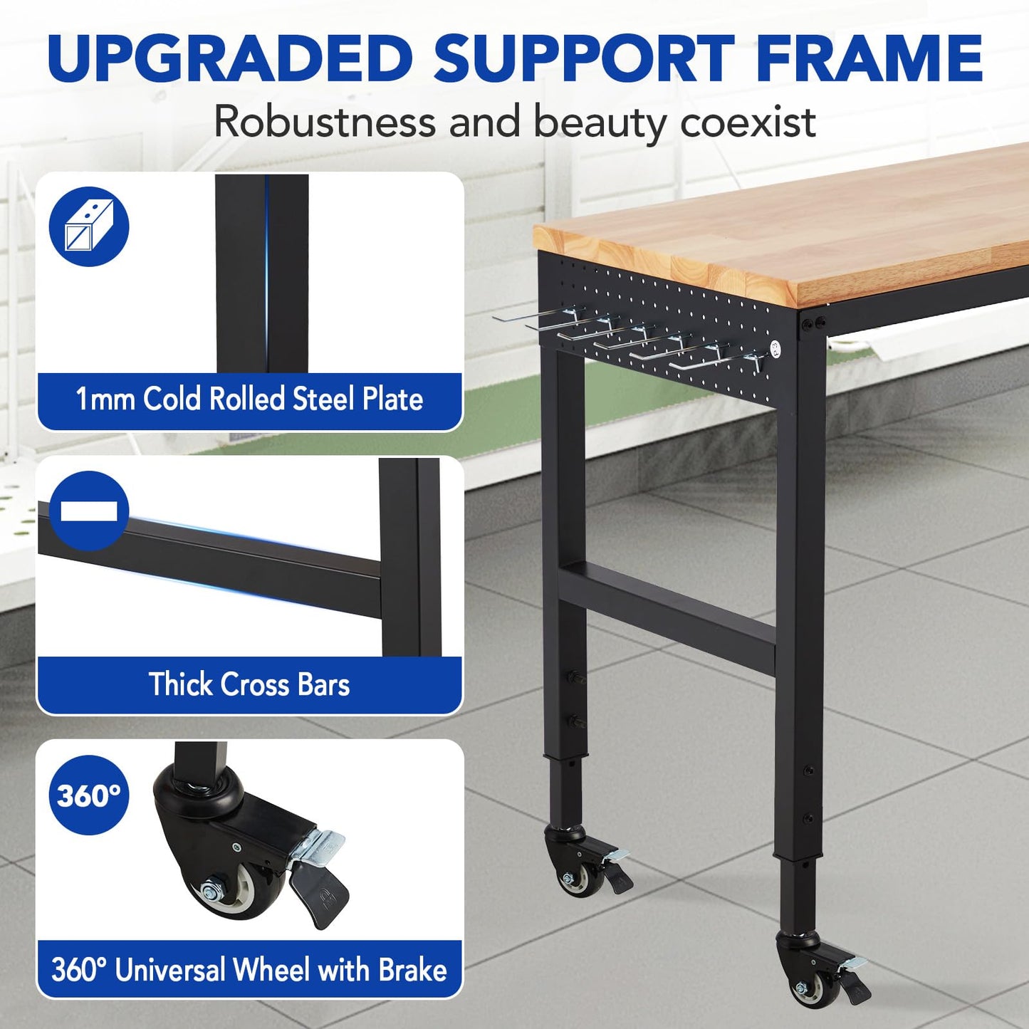 ExploreHorizon Workbench Adjustable 75' x 25', 29.5"-38.4" Heights Garage Worktable with Universal Wheels Power Outlet, Heavy-Duty Table for Workshop Office Home Commercial, 2000 Lbs Load Capacity