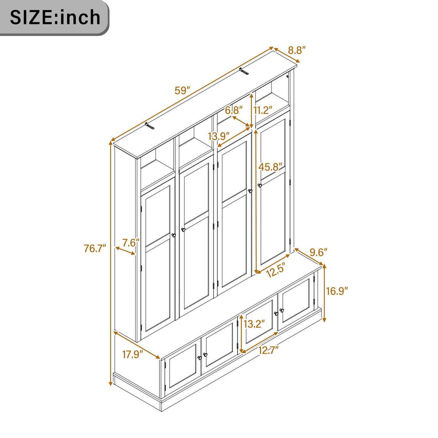 Hall Tree with Bench and Shoe Storage, Entryway Coat Rack with Cabinet, 4-in-1 Mudroom Bench with Hooks and Open Cubbies, Clothes Rack for Hanging Closet, Entryway Organizer for Hallway Living Room,A1