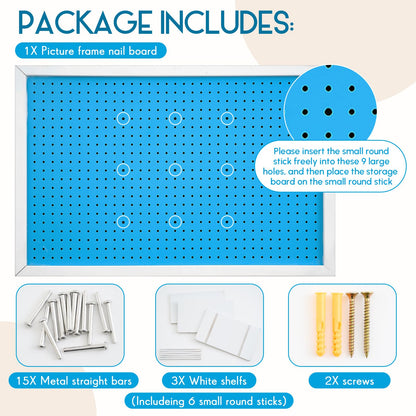 Weysat 36 x 24 Inch Decorative Wood Pegboard Wall Organizer with Frame Large Display Board Kit with 3 Shelves 18 Nails Aesthetic Board Wall Organizer Craft for Room, Office, Sewing (Blue)
