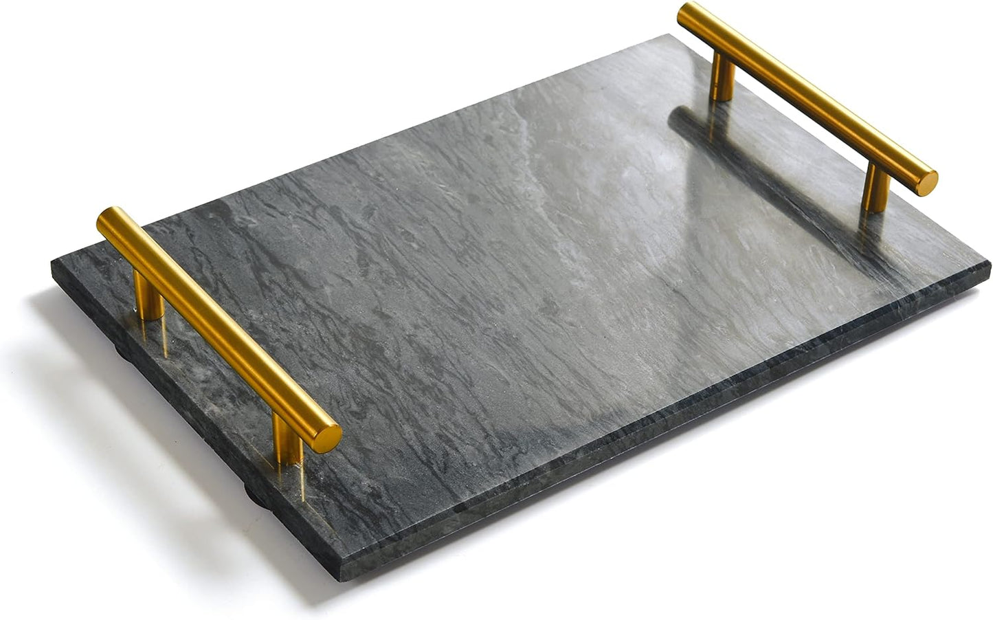 Black Real Marble Tray with Golden Handle, Decorative Natural Stone Tray for Bathroom, Kitchen, Vanity, Nightstand
