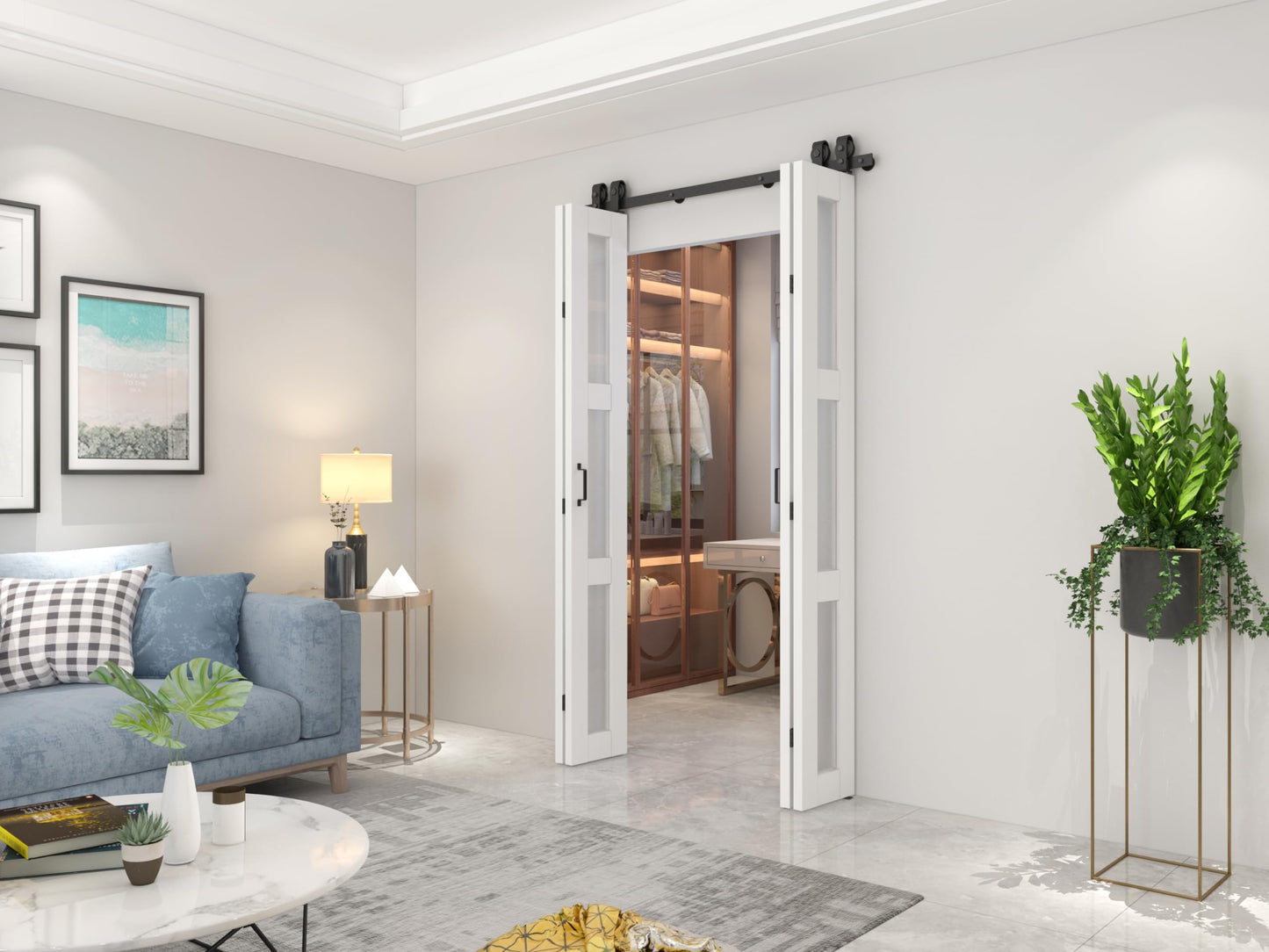 48 in. x 84 in. 3 Lite Pre Assembled Frosted Glass White MDF Double Bi-Fold Barn Doors with Hardware Kit and Door Handle