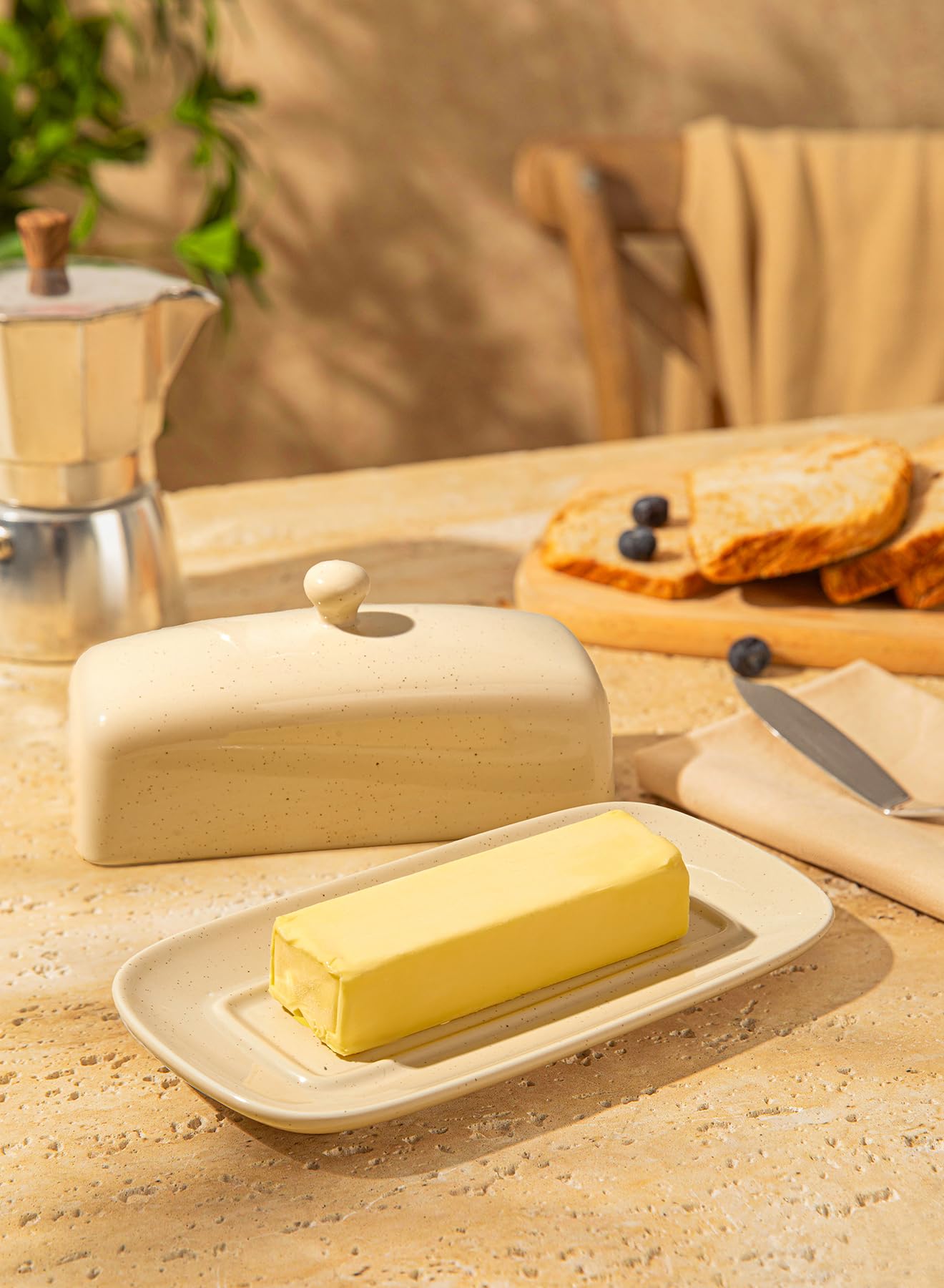 Sweese Butter Dish with Lid, Porcelain Butter Keeper, 7.8 Inch Butter Holder with Handle Cover, Butter Container Perfect for East West Coast Butter, Beige