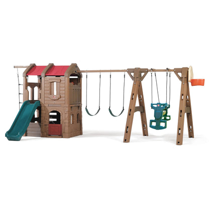 Step2 Naturally Playful Adventure Lodge Play Center with Glider, Kids Outdoor Playset, Two Tier Backyard Playground Set, Slide, Swings, Rope Ladder, Basketball Hoop, Jungle Gym, Children 3-8 Years Old