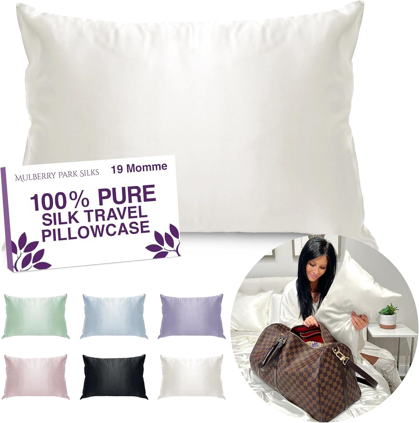 Mulberry Park Silk Travel Pillowcase - Prevent BedHead and Frizz, 19 Momme Grade 6A Pure Silk - 13" x 18", Ivory