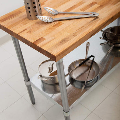 John Boos Maple Wood Top Work Table, 48”x24”x36” – 1.5” Thick Tabletop, 86-lb Kitchen Station with Wooden Edge-Grain Table & Steel Base, & Adjustable Shelf