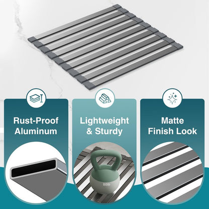 COOL-ANGLE Aluminum Roll Up Dish Drying Rack Over The Sink, 17.7" x 13.4" Rust-Proof Foldable Dish Drainer Mat, Heat Resistant Trivet & Kitchen Sink Cover, Fits Sinks up to 16.8" Wide, Matte Gray