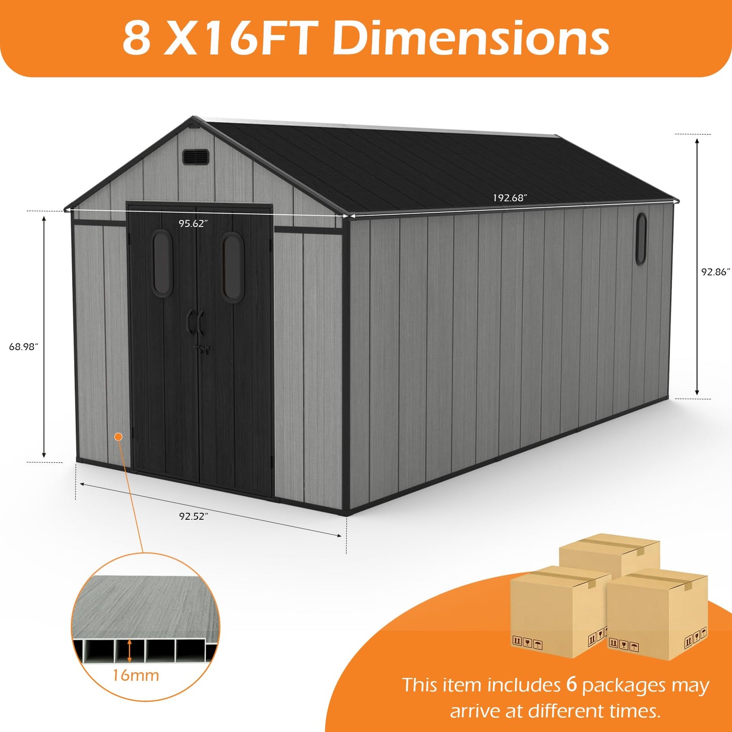 Domi 8x16Ft Resin Outdoor Storage Shed with Floor, Plastic Garden Storage Shed, Outside Weatherproof Storage Building for Tools, Bike, Lawn Mower, Patio, Backyard