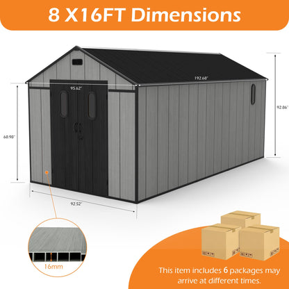 Domi 8x16Ft Resin Outdoor Storage Shed with Floor, Plastic Garden Storage Shed, Outside Weatherproof Storage Building for Tools, Bike, Lawn Mower, Patio, Backyard