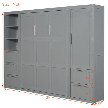 Merax Murphy Bed Queen Size, Built-in Shelves, Storage Drawers and Wardrobe, Wood Folding Wall Bedframe for Guest Room, Home Office, Grey