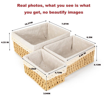 Wicker Baskets with Liner for Counter, Natural Paper Rope Rattan Storage Basket,Hand Woven Pantry Table Organizer Bins for Bedroom Living Room Bathroom School Shelves Office Desk (3 Pack Beige)