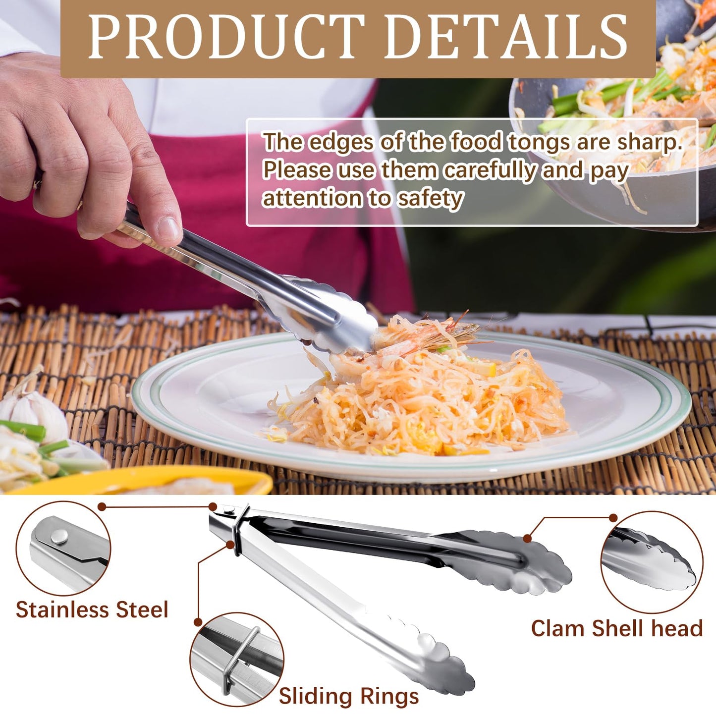 Meanplan 50 Pcs Small Stainless Steel Kitchen Tongs 7 Inch Food Serving Tongs Metal Cooking Clips High Heat Resistant Clips with Sliding Rings for Buffet Food Cooking Salad Grilling, Silver