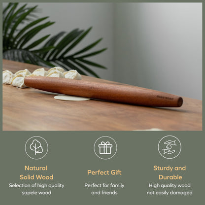 Muso Wood Sapele Wooden French Rolling Pin for Baking, Tapered Roller for Fondant, Pie Crust, Cookie, Pastry (French 15-3/4inch)