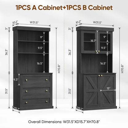 71" Black Farmhouse Kitchen Pantry Cabinet Set of 4— Freestanding Coffee Bar with Glass Doors or Drawers, Microwave Stand, Large Storage Hutch with Adjustable Shelves for Kitchen, Living Room