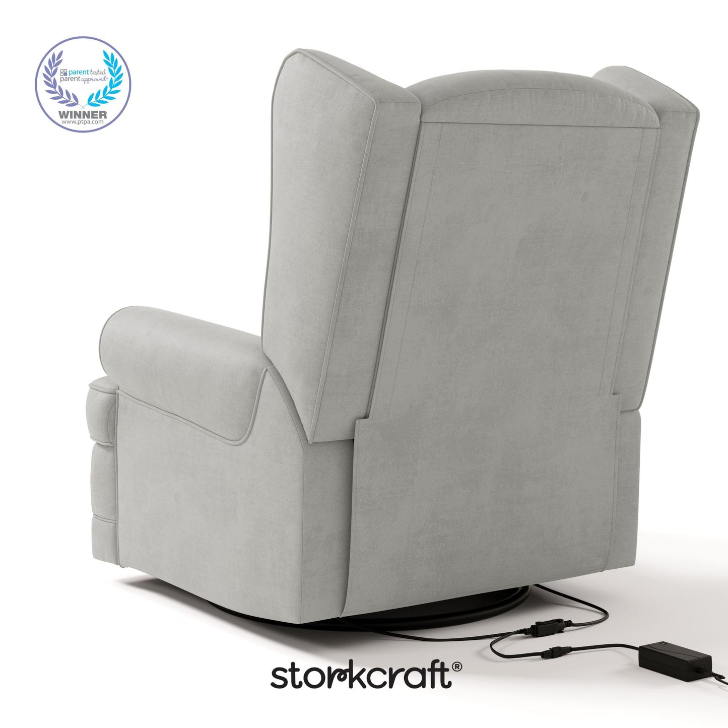 Storkcraft Serenity Upholstered Swivel Glider with USB Charging Port (Steel) – Fully Upholstered Wingback Nursery Glider Recliner with Manual Recline Function, Rocking Chair, 360 Swivel Base
