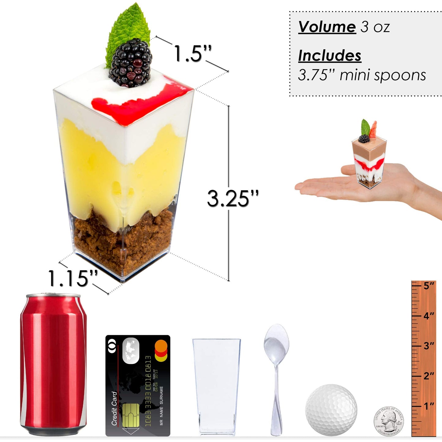 DLux 100 x 3 oz Mini Dessert Cups with Spoons, Square Tall - Clear Plastic Parfait Appetizer Cup - Small Reusable Serving Bowl for Party Desserts Appetizers - with Recipe Ebook