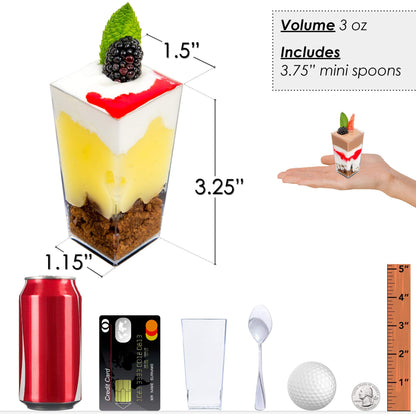 DLux 100 x 3 oz Mini Dessert Cups with Spoons, Square Tall - Clear Plastic Parfait Appetizer Cup - Small Reusable Serving Bowl for Party Desserts Appetizers - with Recipe Ebook