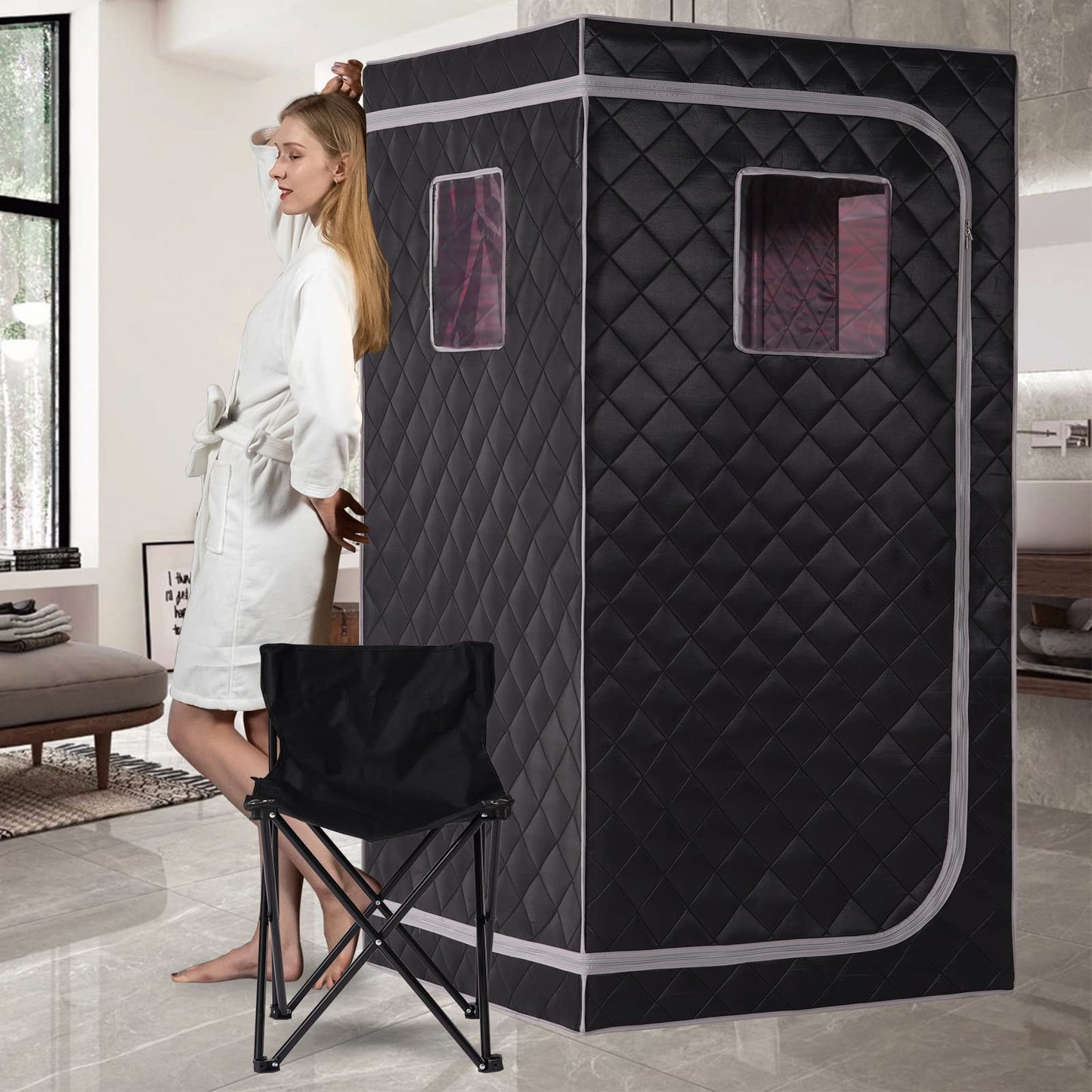 Smartmak Portable Infrared Home Sauna, Full Size Personal Sauna Spa, Indoor Saunas with Heating Foot Pad and Upgraded Chair for Relaxation（33.9" L*33.9" W*66.6" H, BlackGrey）