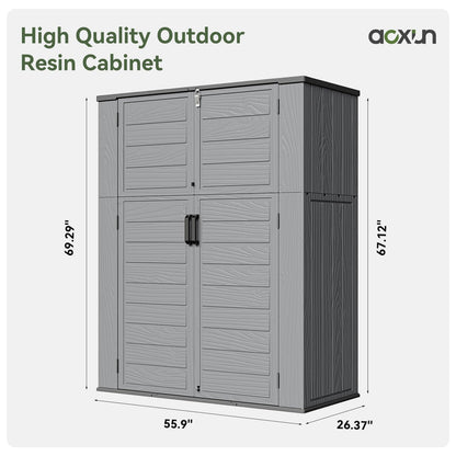 AOXUN Horizontal Storage Sheds 61 Cu.ft, HDPE Outdoor Storage Box 160 Gallon, Waterproof Lockable Resin Deck Box with Spring-Assisted Lid, Patio Storage for Garden, Pool, Cushions, Tools, Grey