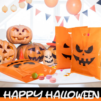AmazingSpark 48 Pack Large Halloween Pumpkin Plastic Gift Bags with Handles 12 x 16'' Plastic Party Favor and Candy Treat or Trick Pouches for Halloween Party Supplies Gift Wrapping