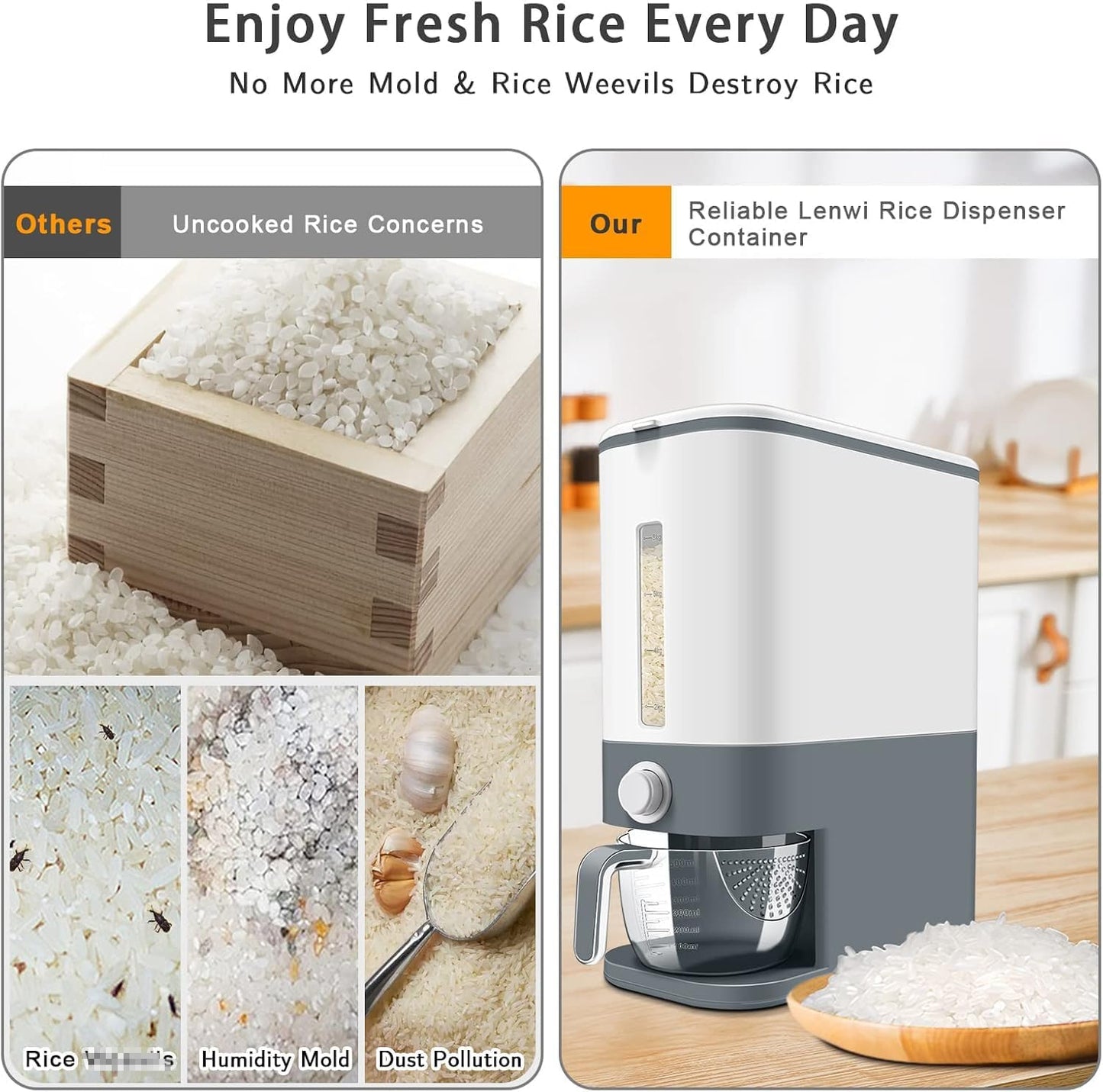 22-25 Lbs Lenwi Rice Dispenser, Large Cereal Dry Food Storage Containers with Measuring Cup,BPA-Free Household