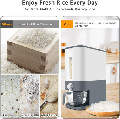 Lenwi 22-25 Lbs Rice Dispenser, Large Cereal Dry Food Storage Containers with Measuring Cup,BPA-Free Household for Kitchen Pantry Organization-Grey