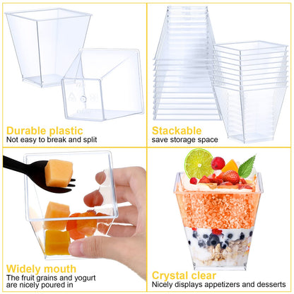 Zubebe 100 Pack 8 Oz Square Plastic Cups, Appetizer Dessert Cups Clear Plastic Disposable Small Tumbler for Ice Cream, Fruit Puddings, Desserts, Appetizers Wedding Party Catering Supplies