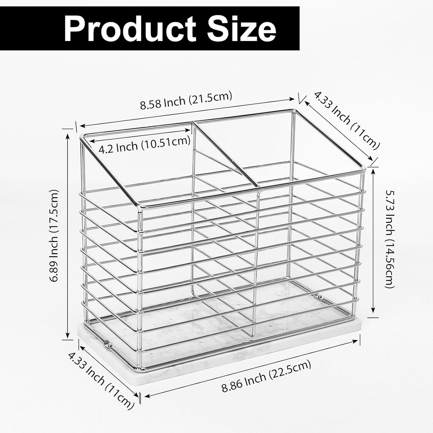 Utensil Holder for Kitchen Counter, Metal Rack for Cooking Tools Storage, Organizer with Drainage Hole (Chrome Marble)
