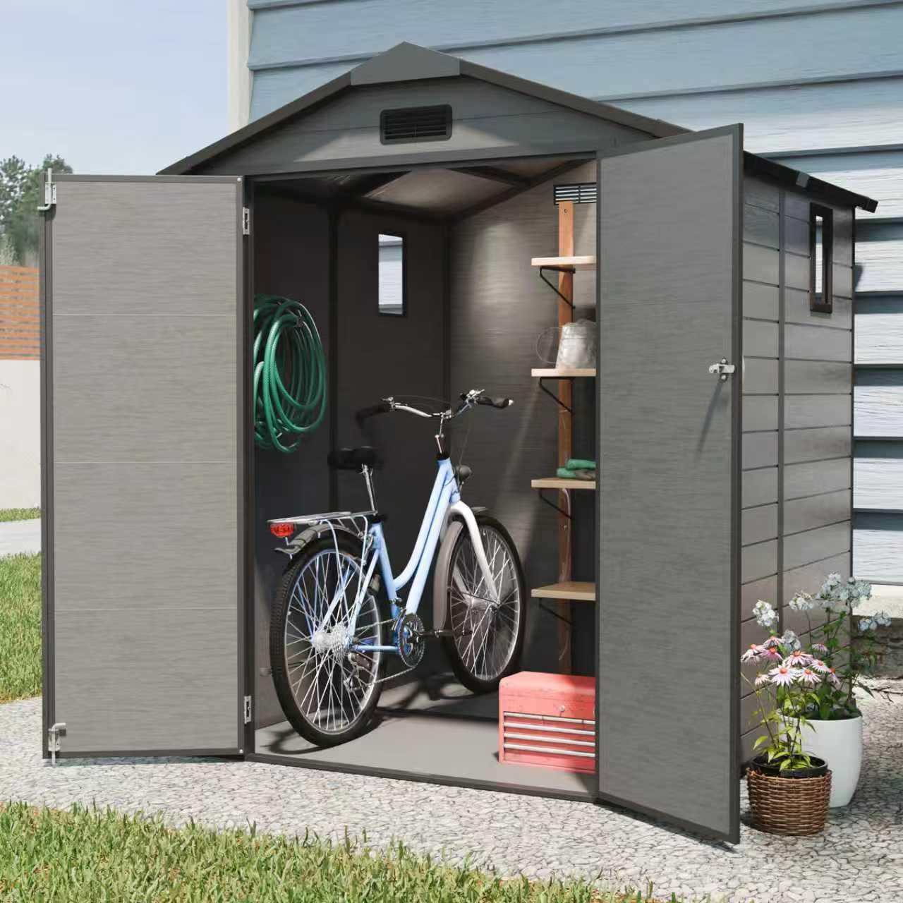 YOPTO 6x6 FT Plastic Outdoor Storage Shed,Waterproof Storage Shed with Lockable and Window,Cabinet House w/Floor & Vents,for Storing Bicycles,Lawnmowers,Dark Gray