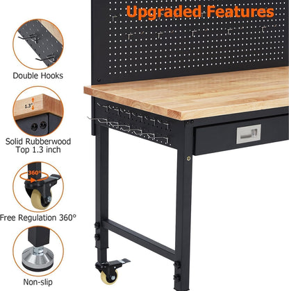 Workbench 48 x 24 Adjustable Height Worktable, 2000 LBS Load Capacity, Heavy Duty Rubber Wood Top, Workbench with Drawers, Pegboard, Power Outlets & Lockable Wheels, with Drawer Back