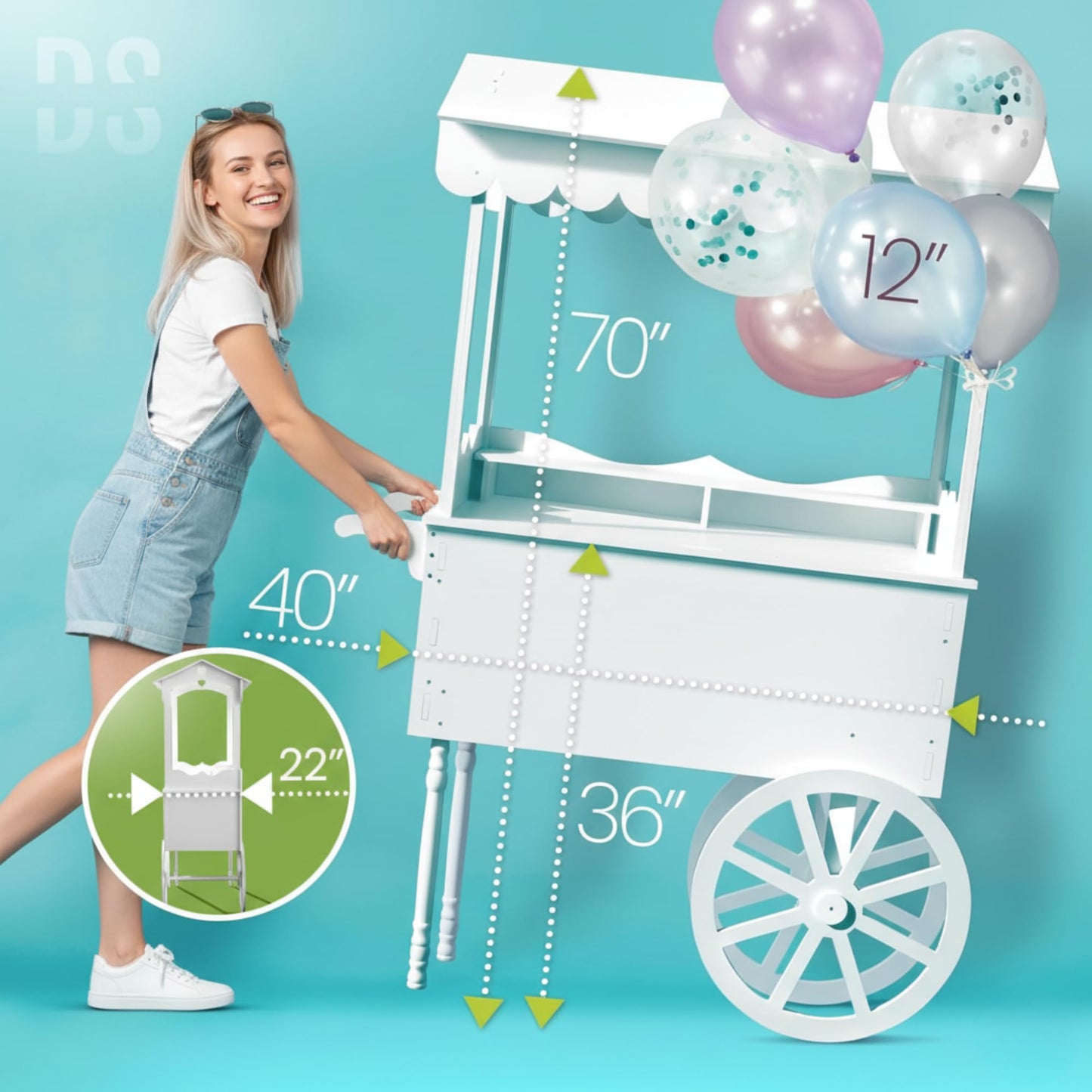 DS THE DISPLAY STORE PVC Candy Cart with Wheels - Portable Dessert Cart for Parties, Weddings & Baby Showers - Vendor Event Display with Rounded Safety Edges