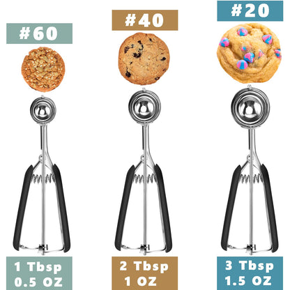 HOMURE H Cookie Scoop Set, Include 1 Tbsp/2 Tbsp/3 Tbsp, Cookie Dough Scoop, Cookie Scoops for Baking Set of 3, 18/8 Stainless Steel, Good Grip, Non-Slip, For Cookies Cupcake Muffin Ice Cream waffle
