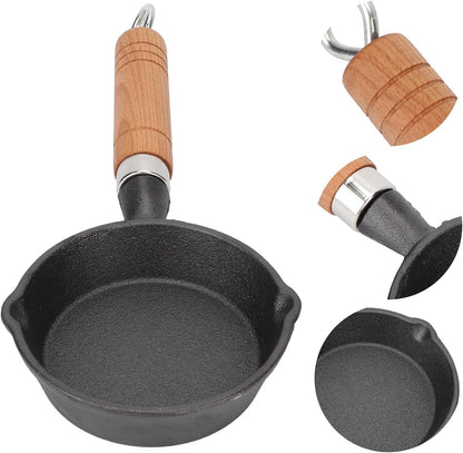 Fdit 10CM Casting Iron Frying Pan, Wood Handle Egg Skillet, Mini Flat Bottomed Pancake Pan