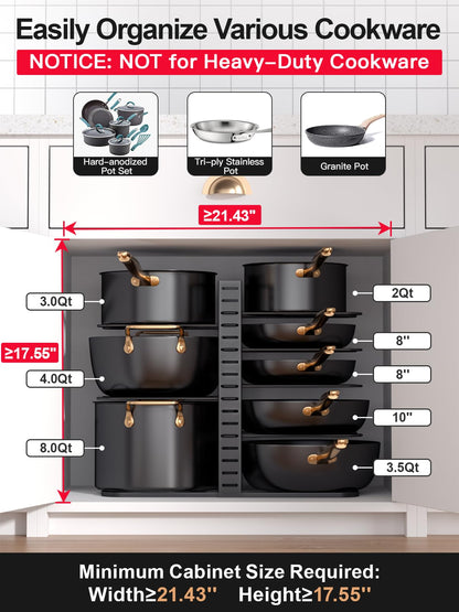 MUDEELA Pots and Pans Organizer Rack under Cabinet 14.55in Height, 8-Tiers Adjustable Pot Rack with 3 DIY Methods, Pot Lid Organizer inside Cabinet for Kitchen Pantry Organization and Storage