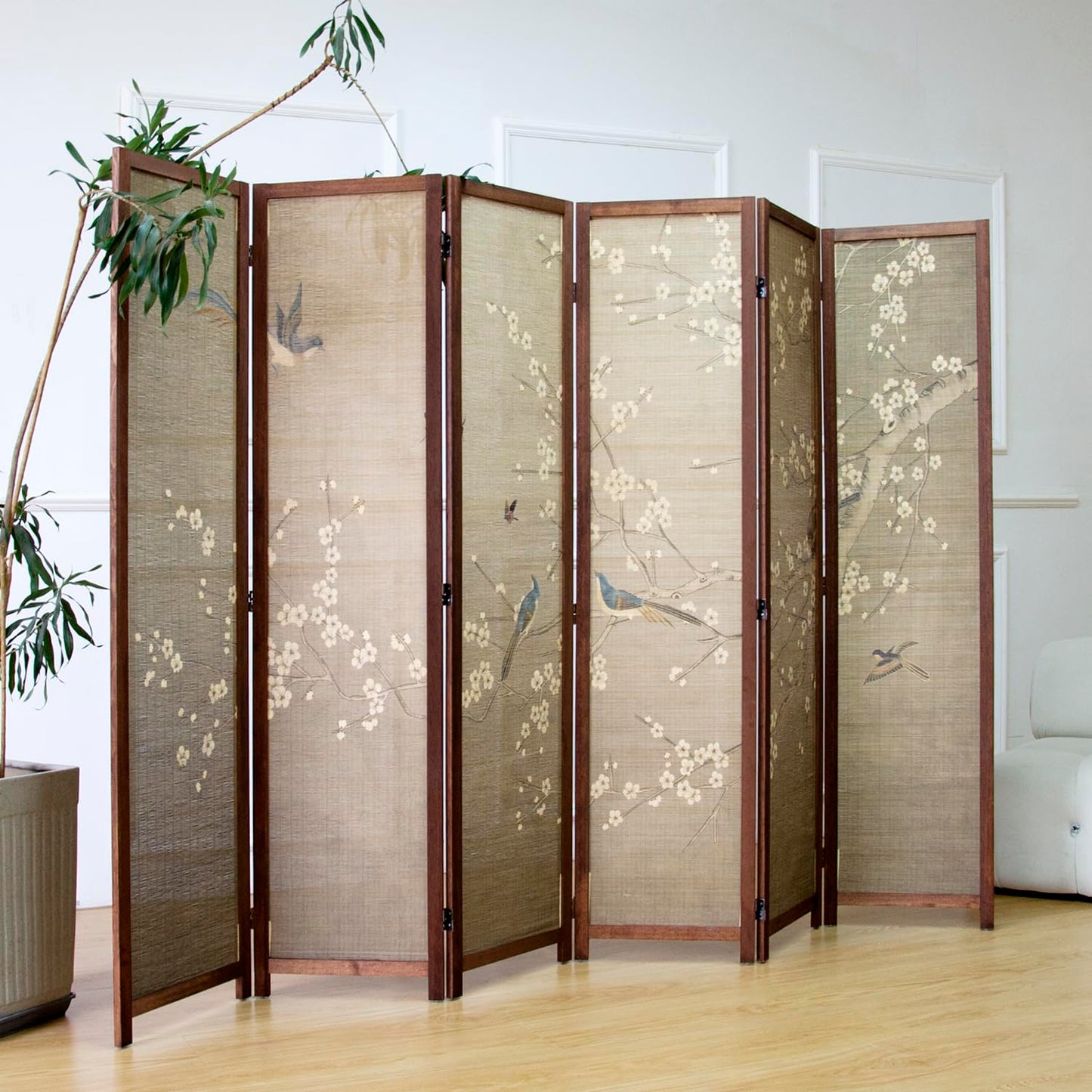 Furnnylane 6 Panel Bamboo Room Divider for Room Separation, 5.6 ft Tall Double-Sided Folding Privacy Screen with Premium Thickened Wood Frame, White Plum and Birds (67" H x 94.5" W)