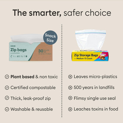 Vove Compostable Snack Bags 50 Ct – PFAS-Free, BPI Certified, Freezer Safe with Airtight Seal for Snacks & School Lunches, Plant-Based