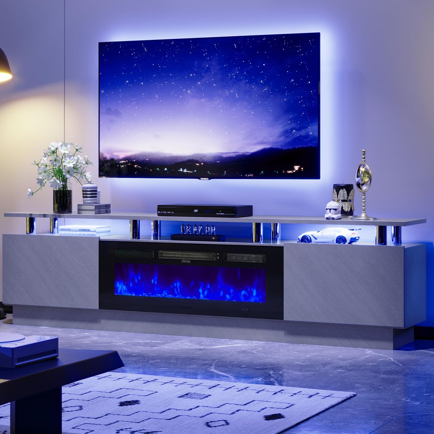 OneBlis 80" TV Stand & Entertainment Center, Media Console with Storage Cabinet, Fits TVs up to 90", Modern Living Room Furniture, 36" Electric Fireplace (Grey+Black)