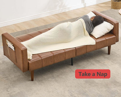 Garvee Modern Futon Sofa Bed, Convertible 75" Sleeper with Adjustable Backrest & Side Pockets, Mid-Century Brown PU Leather