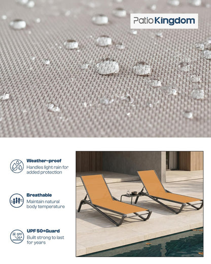 Patio Kingdom 3-Piece Patio Chaise Lounge Set with Side Table, Set of 2 Adjustable Pool Chairs and Aluminum Bistro Table, All-Weather Outdoor Furniture for Pool Deck, Patio & Tanning, Solar Orange