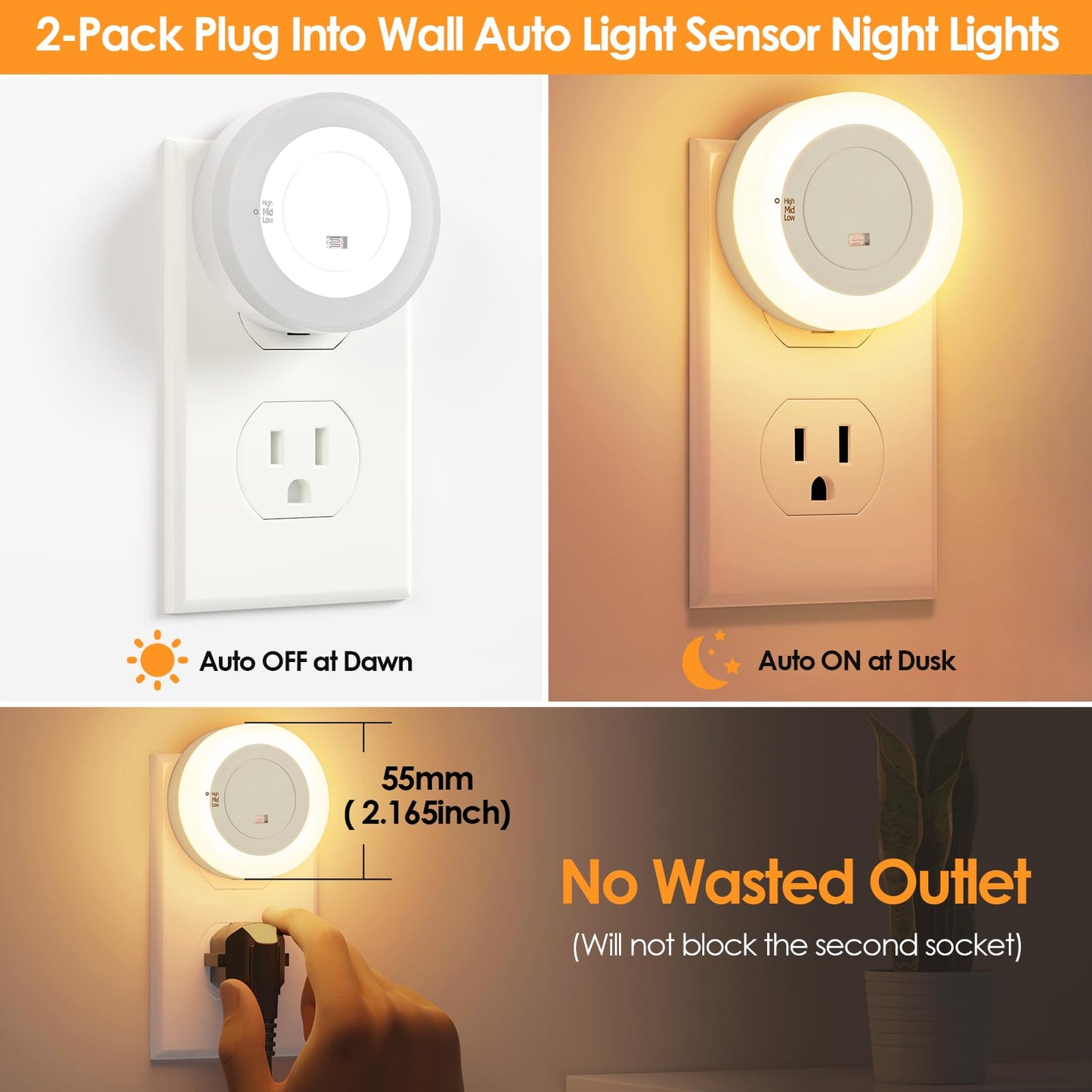 FOLKSMATE LED Night Lights Plug in, Dimmable Nightlight Plug Into Wall with Light Sensor, Soft White Adjustable for Adults, Bedroom, Bathroom, 2-Pack