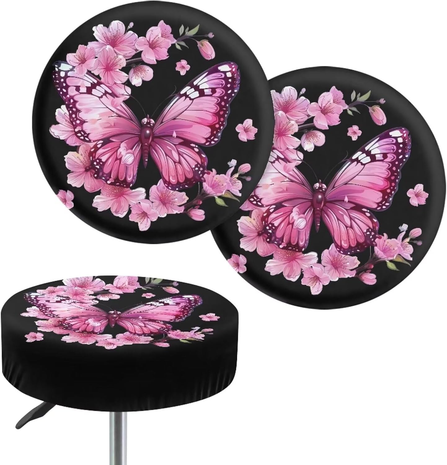 Peach Blossom Bar Stool Covers, Removable Washable Butterfly Print Round Cushion Covers for Dining Room Set of 2