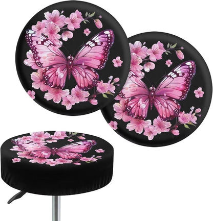Peach Blossom Bar Stool Covers, Removable Washable Butterfly Print Round Cushion Covers for Dining Room Set of 2