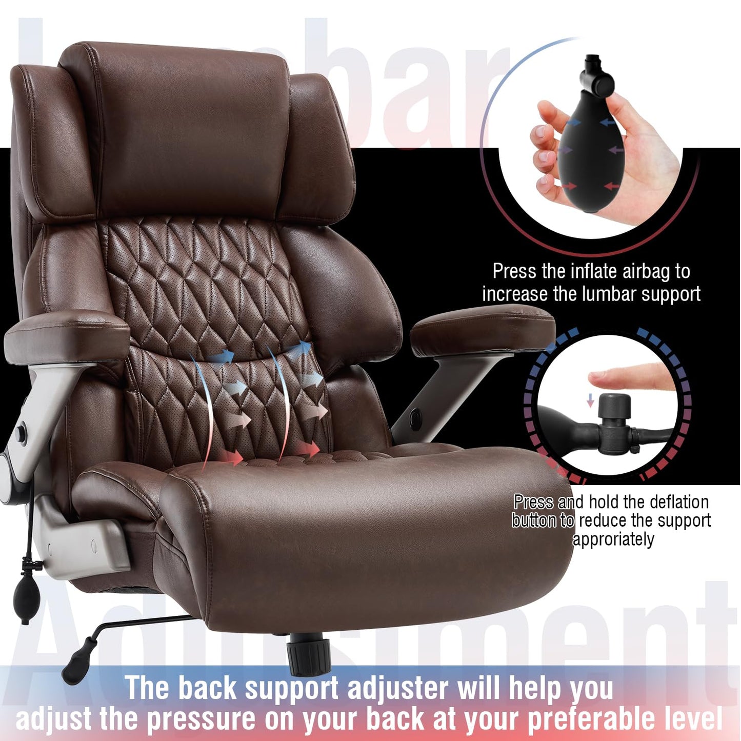 700lbs Big and Tall Office Chair - Adjustable Lumbar Support Heavy Duty Metal Base Quiet Rubber Wheels High Back Large Executive Computer Desk Swivel Chair, Ergonomic Design for Back Pain