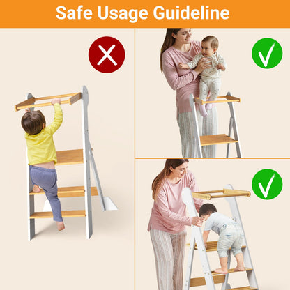 COSYLAND Foldable Toddler Kitchen Stool Helper - Height Adjustable Standing Tower for Bathroom Sink or Kitchen Counter - Step Stool for Toddlers Ages 18 Months to 6 Years White & Natural