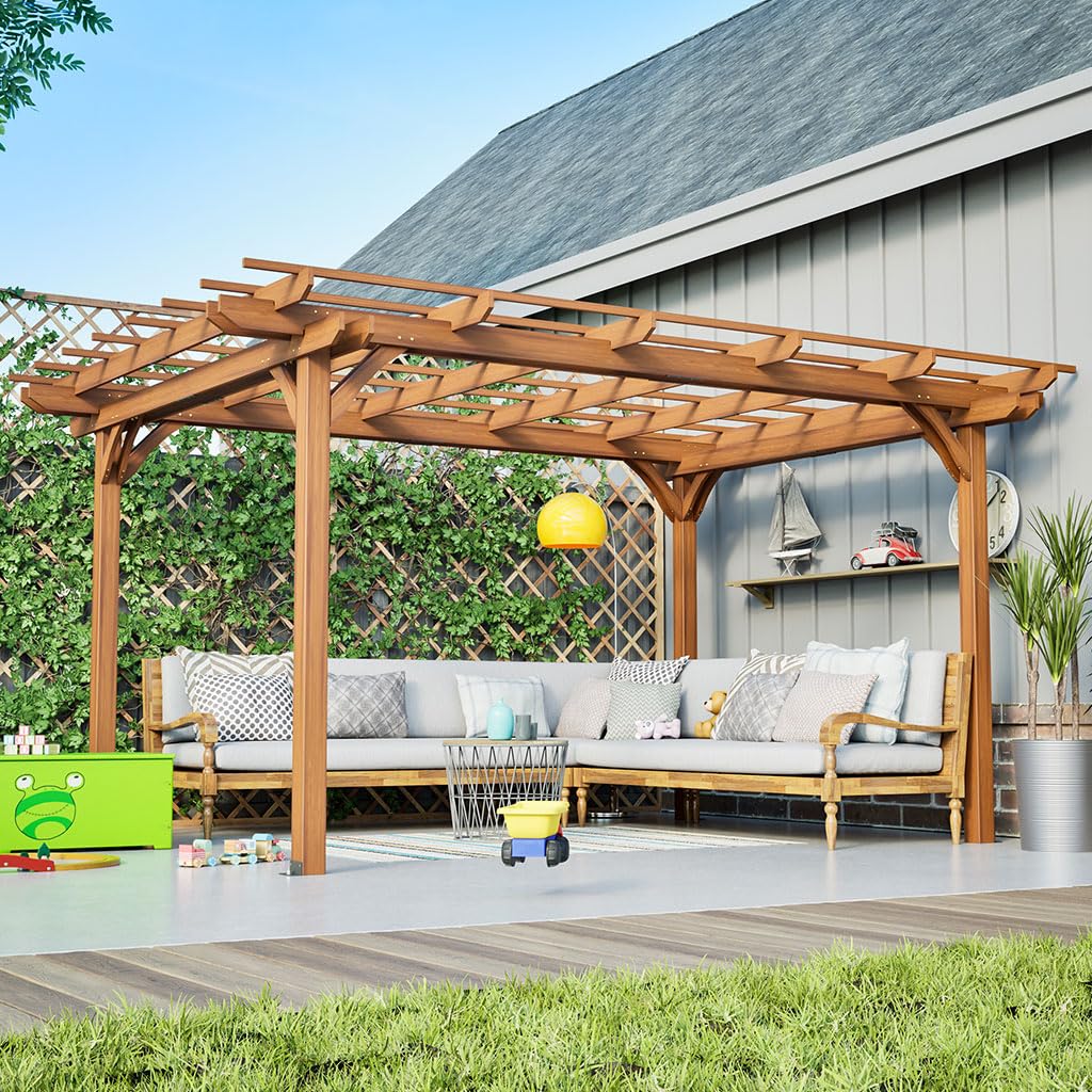 12x10 FT Wooden Pergola Gazebo for Patio Garden, Outdoor Wood Gazebo Pavilion with Trellis Roof, Fir Wood Garden Arbor Shelter for Backyard, Deck, Lawn, Waterproof Brown